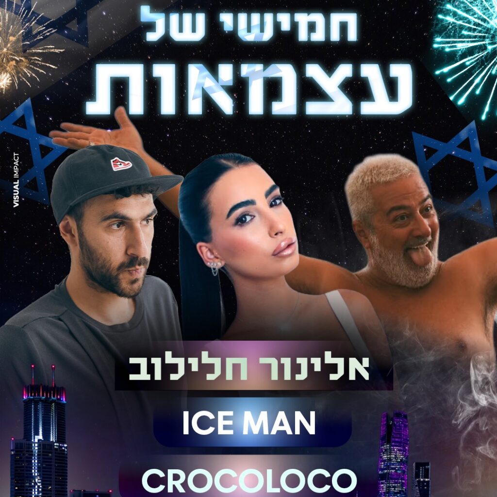 כרזת אירוע חגיגית ליום העצמאות עם עיצוב כחול-לבן ובלונים.
